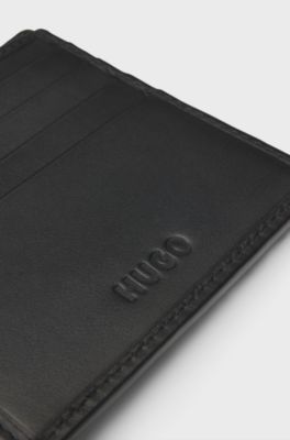 Portefeuille &agrave; deux volets en cuir avec logo rouge revisit&eacute;, Noir