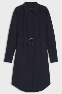 Midi-length dress in cotton poplin, Dark Blue