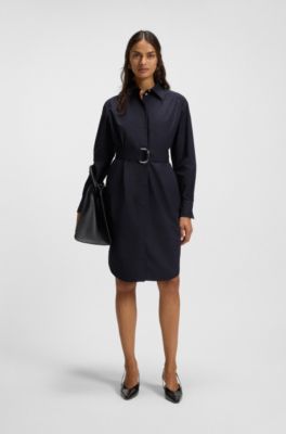 Midi-length dress in cotton poplin, Dark Blue