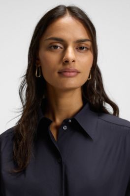 Midi-length dress in cotton poplin, Dark Blue