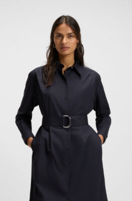Midi-length dress in cotton poplin, Dark Blue