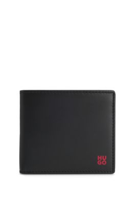 Cartera de piel con detalle de logo apilado y bolsillo monedero, Negro