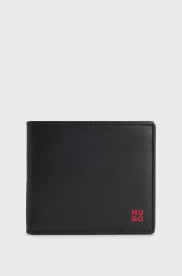 Leather wallet with red stacked logo and coin pocket, Black