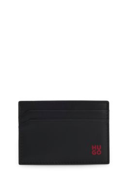 Portatessere in pelle con logo scomposto in lamina rossa, Nero