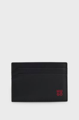 Leather card holder with red-foil stacked logo, Black