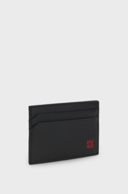 Leather card holder with red-foil stacked logo, Black