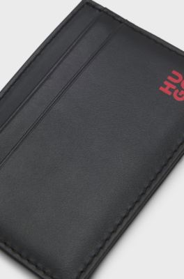 Leather card holder with red-foil stacked logo, Black