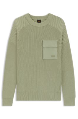Ribbed-cotton sweater with contrast pocket, Light Green
