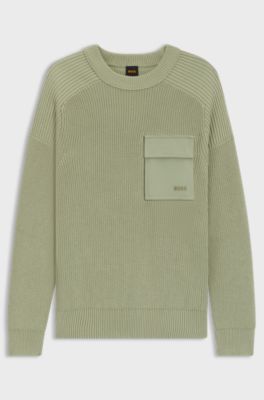 Sweter z&nbsp;prążkowanej bawełny z&nbsp;kontrastową kieszenią, Jasnozielony