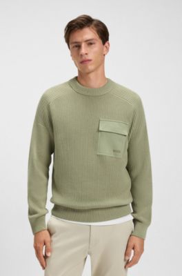 Ribbed-cotton sweater with contrast pocket, Light Green