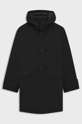 Water-repellent padded duffle coat in super-black fabric, Black