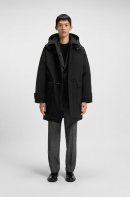 Water-repellent padded duffle coat in super-black fabric, Black