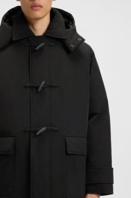 Water-repellent padded duffle coat in super-black fabric, Black