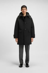 Water-repellent padded duffle coat in super-black fabric, Black
