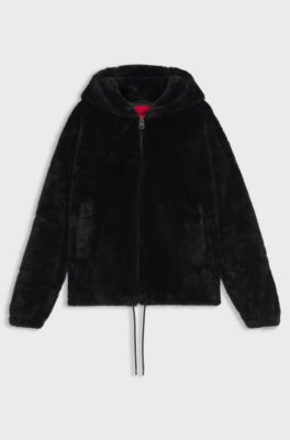 Faux-fur hooded jacket with embroidered logo, Black