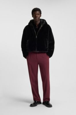 Faux-fur hooded jacket with embroidered logo, Black