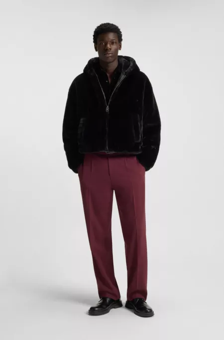 Faux-fur hooded jacket with embroidered logo