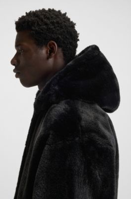 Faux-fur hooded jacket with embroidered logo, Black