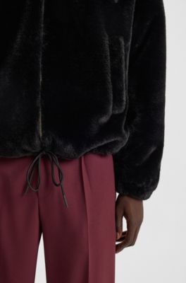 Faux-fur hooded jacket with embroidered logo, Black