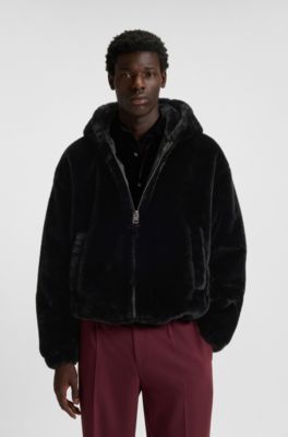 Faux-fur hooded jacket with embroidered logo, Black