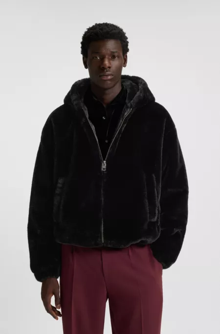 Faux-fur hooded jacket with embroidered logo