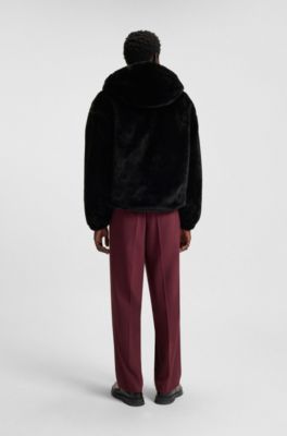Faux-fur hooded jacket with embroidered logo, Black