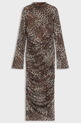 Midi dress with leopard print and gathered details, Patterned