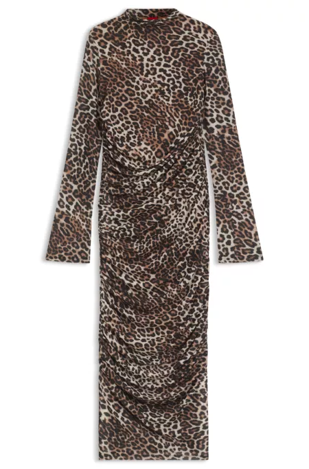 Midi dress with leopard print and gathered details