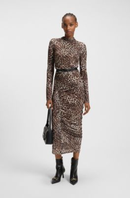 Midi dress with leopard print and gathered details, Patterned