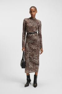 Vestido midi con estampado de leopardo y detalles fruncidos, Fantas&iacute;a