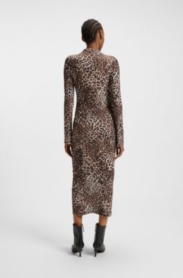 Midi dress with leopard print and gathered details, Patterned