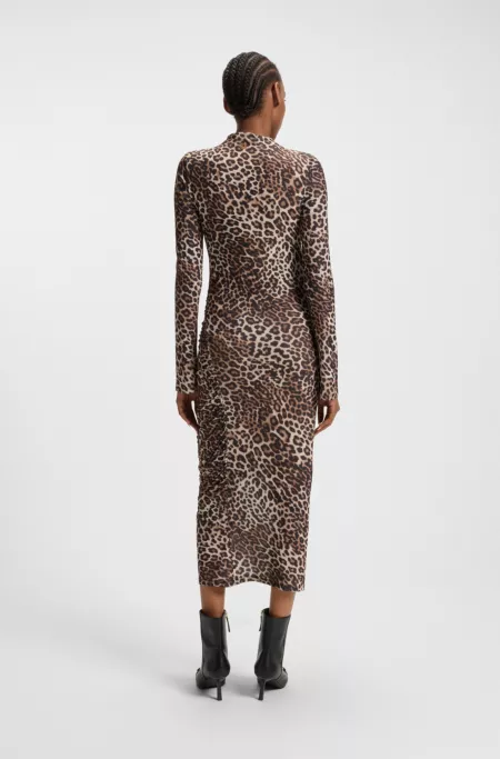 Midi dress with leopard print and gathered details
