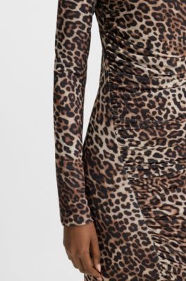 Midi dress with leopard print and gathered details, Patterned