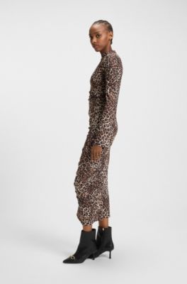 Midikleid mit Leoparden-Print und gerafften Details, Gemustert