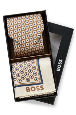 Printed silk tie and pocket square gift set, Brown