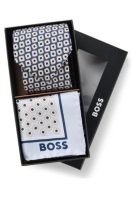 Printed silk tie and pocket square gift set, Dark Blue