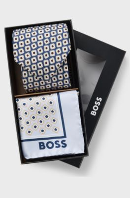 Printed silk tie and pocket square gift set, Dark Blue