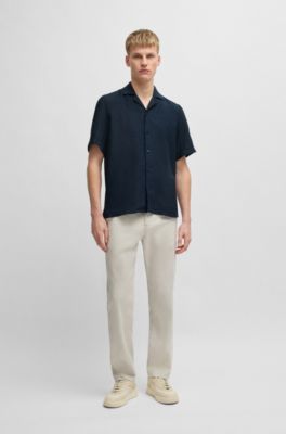 Regular-fit shirt in linen, Dark Blue