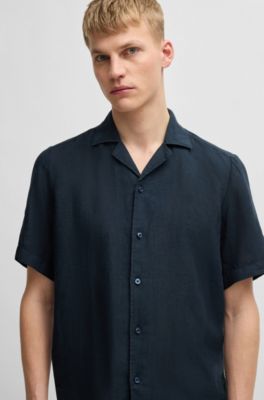 Regular-fit shirt in linen, Dark Blue