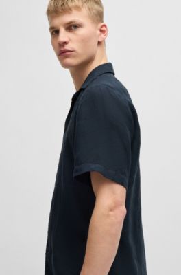 Regular-fit shirt in linen, Dark Blue