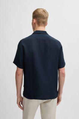 Regular-fit shirt in linen, Dark Blue