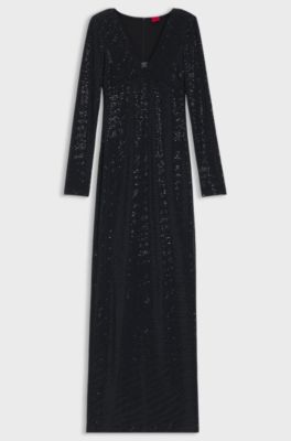 Sparkly-jersey dress with stacked-logo neckline, Black