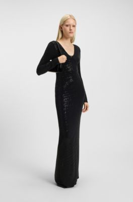 Sparkly-jersey dress with stacked-logo neckline, Black