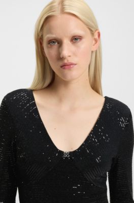 Sparkly-jersey dress with stacked-logo neckline, Black