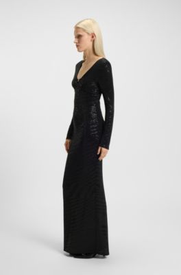 Sparkly-jersey dress with stacked-logo neckline, Black