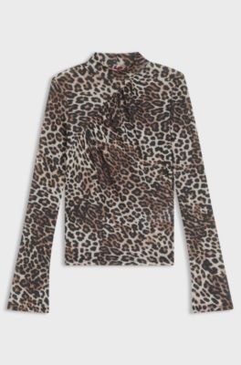 Rollneck top with leopard print and gathered details, Patterned