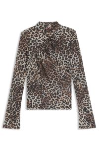 Rollneck top with leopard print and gathered details, Patterned