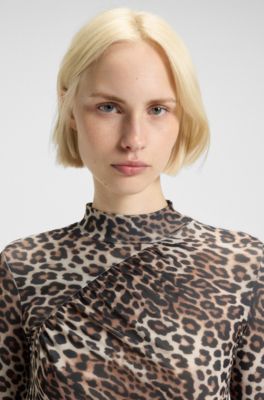 Rollneck top with leopard print and gathered details, Patterned