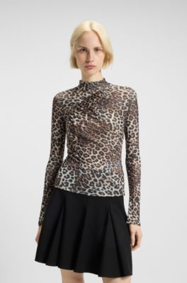 Rollneck top with leopard print and gathered details, Patterned