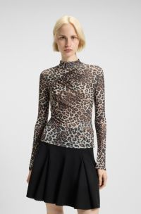 Top met col, luipaarddessin en geplooide details, Bedrukt